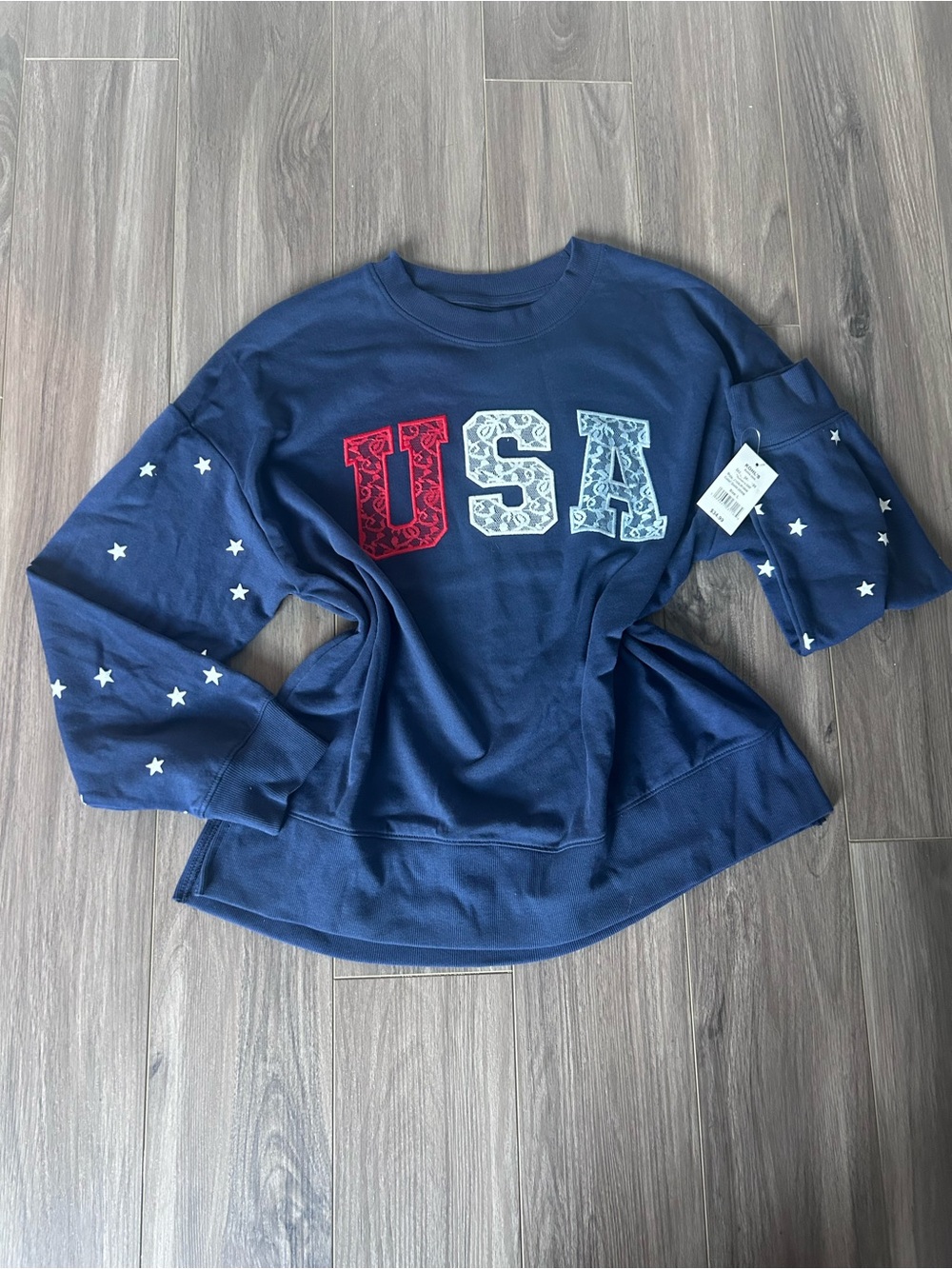 Women Navy USA Graphic Sweatshirt with Star Sleeves